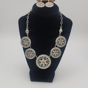 Elegant Silver and Red Necklace Set